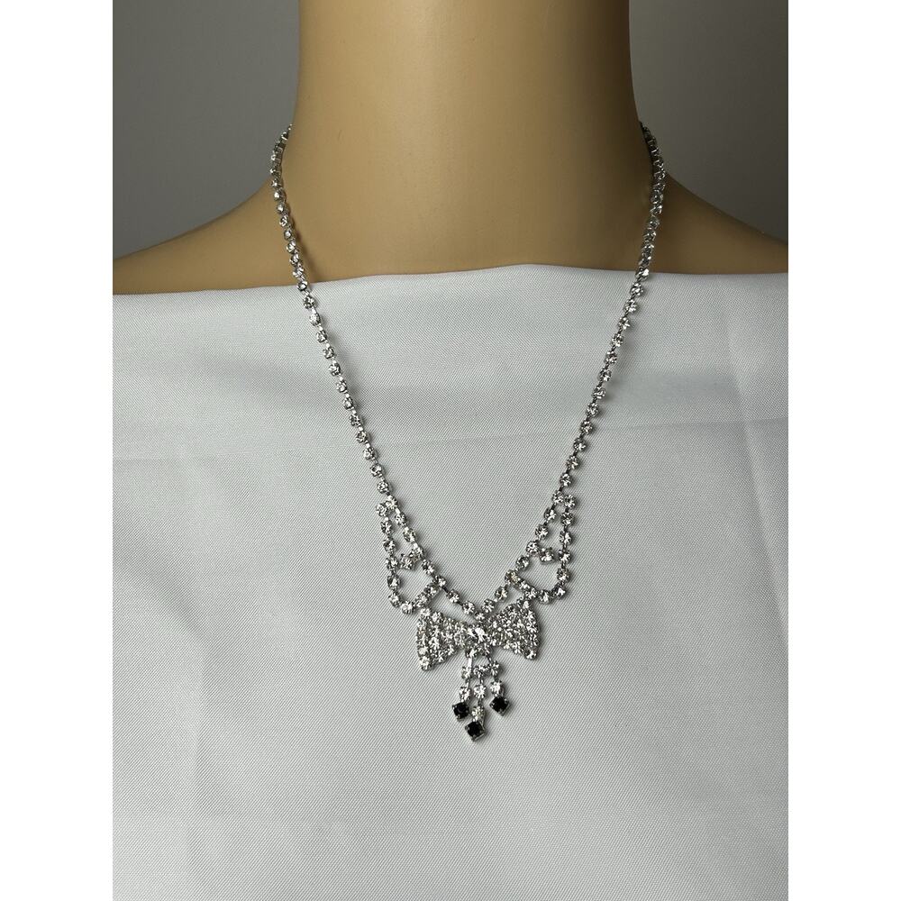 Cute Rhinestone Bow Tie Necklace With 3 Onyx Accent Stones. Unmarked.